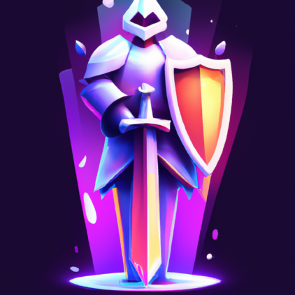 illustration of a knight, big sword, neon purple background, detailed armor, modern design, for the web, cute, happy, 4k, high resolution, trending in artstation