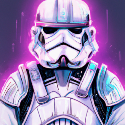 illustration of a star wars character, clone trooper, white armor, purple neon background, detailed armor, modern design, for the web, cute, happy, 4k, high resolution, trending in artstation